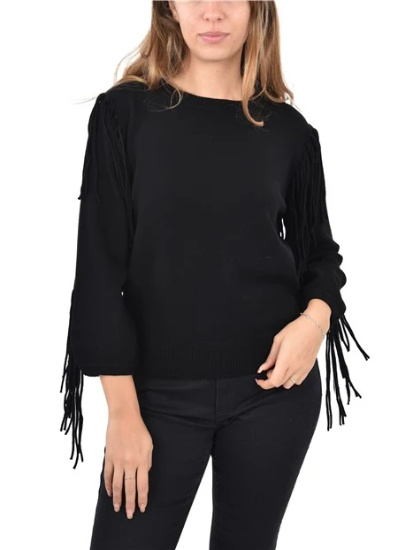 MAGLIA GIROCOLLO CON PROFILI A COSTINE E MANICHE CON FRANGE DONNA NERO