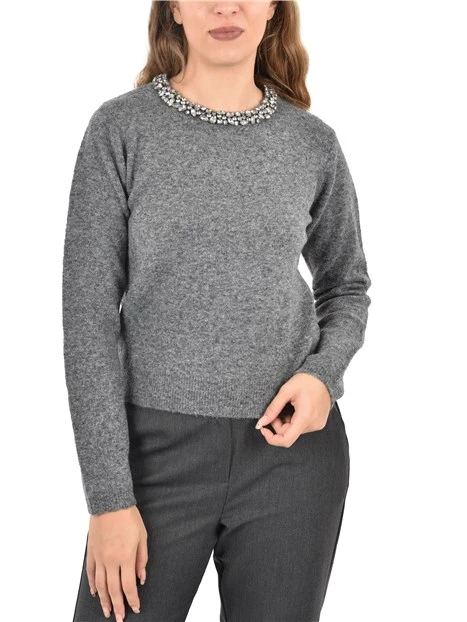 MAGLIA GIROCOLLO CON DECORAZIONI GIOIELLO DONNA GRIGIO