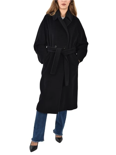 CAPPOTTO LUNGO IN PURA LANA VERGINE CON CINTURA DONNA NERO