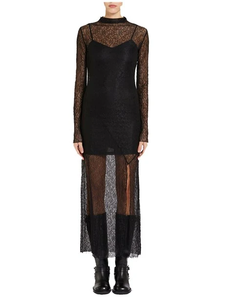 VESTITO LUNGO IN PIZZO FLOREALE DONNA NERO