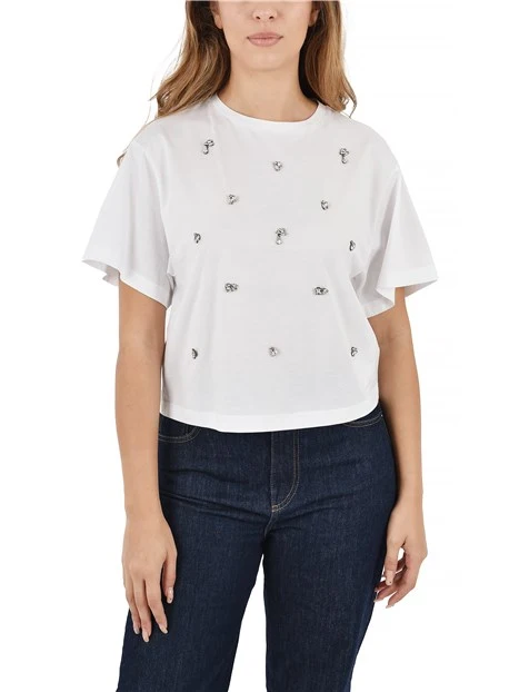 T-SHIRT MANICA CORTA IN COTONE CON CRISTALLI DONNA BIANCO