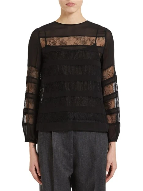 BLUSA CON DETTAGLI TRASPARENTI E PIZZO  DONNA NERA