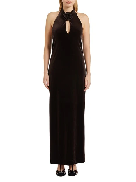 VESTITO LUNGO IN VELLUTO CON SCOLLO A GOCCIA DONNA MARRONE