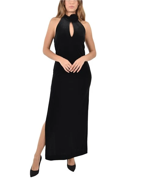 VESTITO LUNGO IN VELLUTO CON SPILLA DONNA NERO