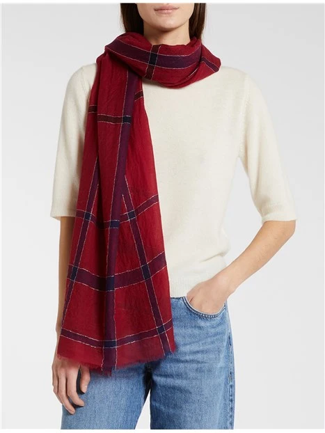 STOLA IN LANA  CON DISEGNO TARTAN A FRANGE DONNA ROSSO