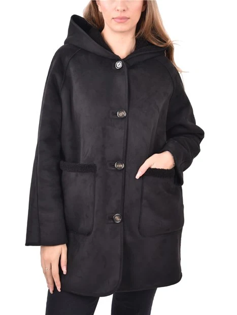CAPPOTTO CORTO REVERSIBILE CON CAPPUCCIO DONNA NERO