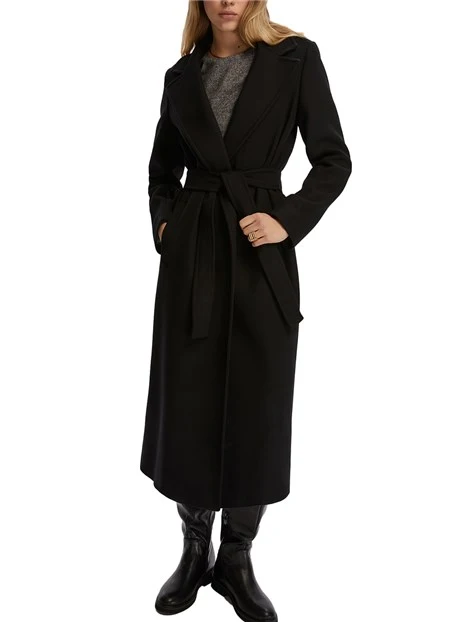 CAPPOTTO LUNGO CON CINTURA IN MISTO LANA DONNA NERO