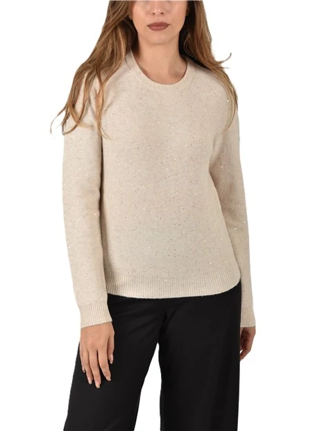 MAGLIA GIROCOLLO CON PAILLETTES E POLSI A COSTINE DONNA BEIGE