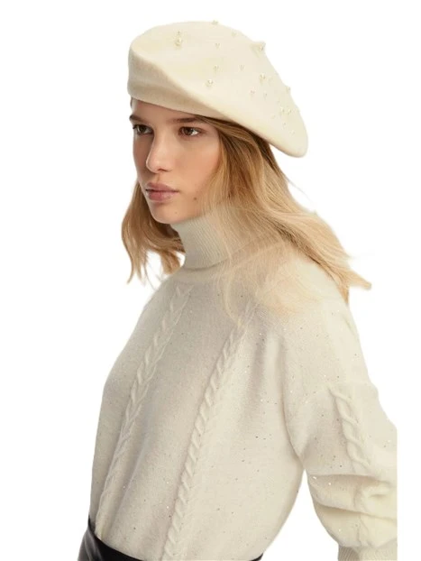 BASCO IN FELTRO DI PURA LANA CON PERLE DONNA AVORIO