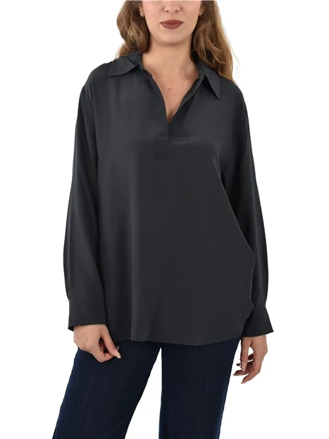 BLUSA IN PURA SETA CON COLLO A POLO DONNA ANTRACITE