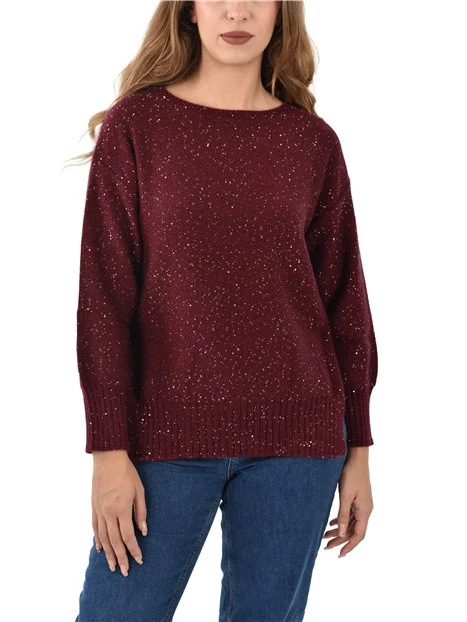 MAGLIA GIROCOLLO CON MICRO PAILLETTES E SPACCHI LATERALI DONNA BORDEAUX