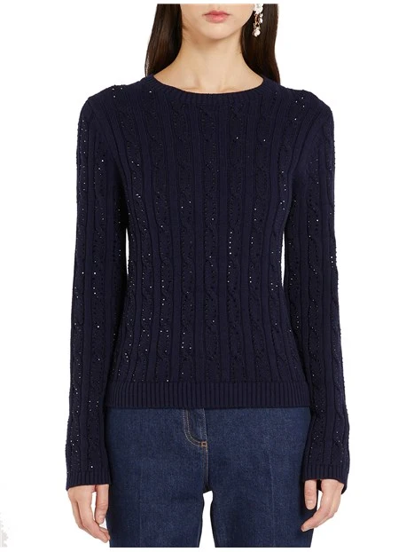 MAGLIA GIROCOLLO IN MISTO LANA CON LAVORAZIONE A TRECCE DONNA BLU