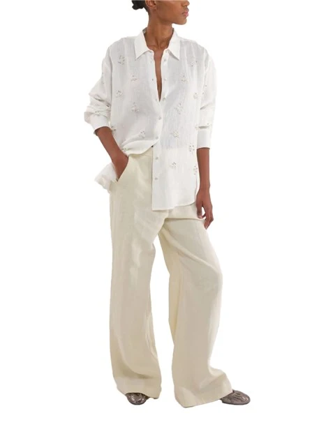 PANTALONE A PALAZZO IN MISTO LINO DONNA PANNA