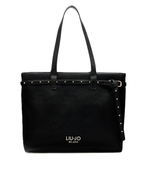 BORSA A SPALLA CON CINTURINO E LOGO DONNA NERO