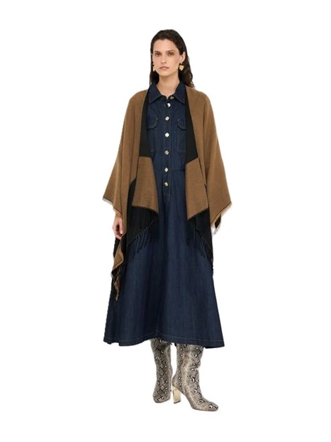 PONCHO CON LOGO E FRANGE DONNA MARRONE