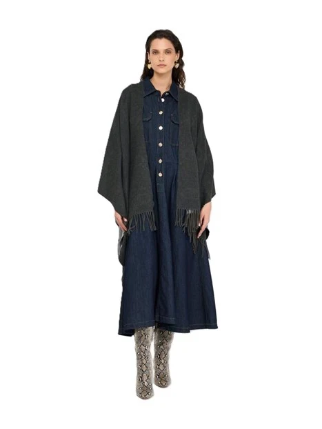 PONCHO CON LOGO E FRANGE  DONNA GRIGIO