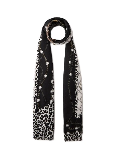 STOLA CON STAMPA ANIMALIER E LOGO DONNA NERO