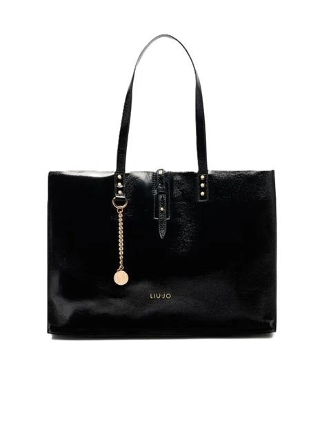 BORSA A SPALLA LUCIDA CON BORCHIE DONNA NERA