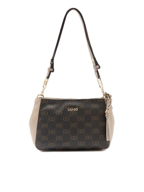 BORSA A SPALLA CON STAMPA LOGO DONNA BEIGE