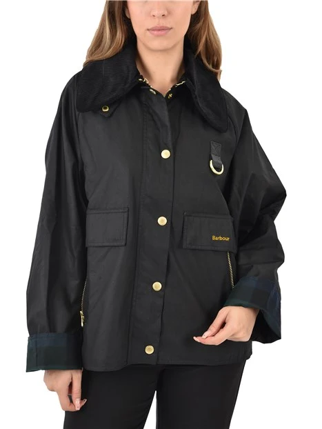 GIACCA IN COTONE CERATO CON RISVOLTO INTERNO IN TARTAN DONNA NERO