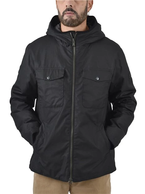 GIACCA IN COTONE CERATO CON CAPPUCCIO E DETTAGLI IN VELLUTO  UOMO NERO