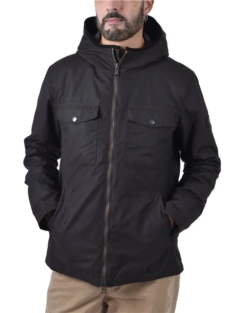 GIACCA IN COTONE CERATO CON CAPPUCCIO E DETTAGLI IN VELLUTO  UOMO MARRONE