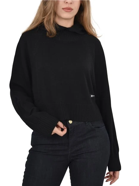 MAGLIA GIROCOLLO CROP CON CAPPUCCIO DONNA  NERO MAGLIA GIROCOLLO CROP CON CAPPUCCIO DONNA  NERO