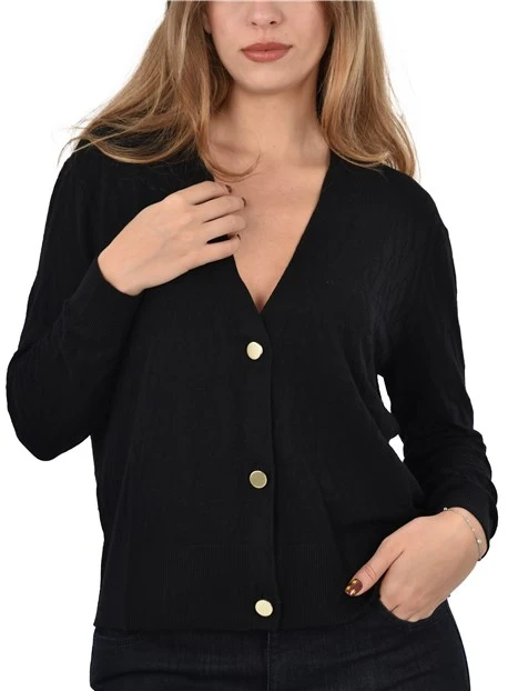 CARDIGAN CON BOTTONI METALLICI A CONTRASTO DONNA NERO