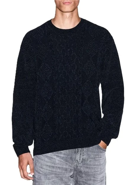 MAGLIA GIROCOLLO  IN MISTO LANA CON TRAMA IN RILIEVO UOMO BLU