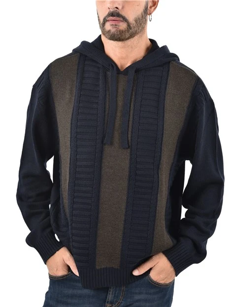 MAGLIA GIROCOLLO CON CAPPUCCIO E DETTAGLI IN MAGLIA UOMO BLU