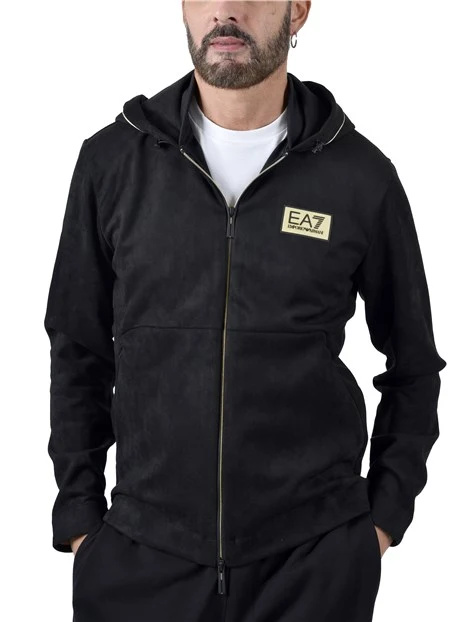FELPA CON ZIP E CAPPUCCIO CON LOGO APPLICATO UOMO NERO