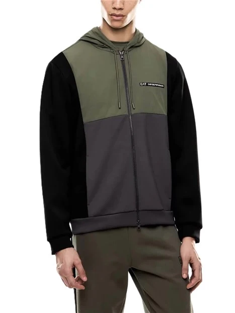 FELPA CON ZIP CAPPUCCIO  E LOGO UOMO VERDE