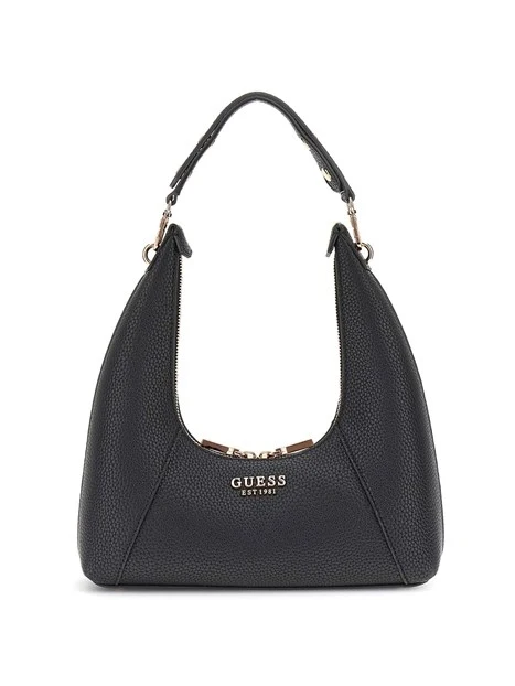 BORSA A SPALLA IN SIMILPELLE CON LOGO E CHIUSURA A ZIP DONNA NERO