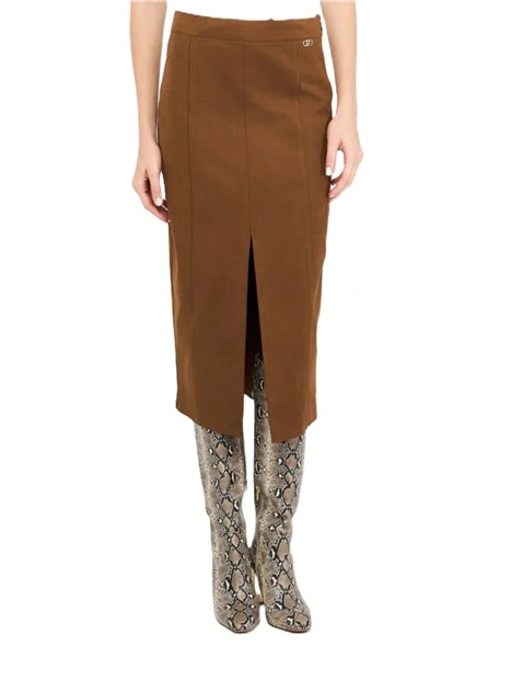 GONNA LUNGA CON SPACCO E LOGO IN METALLO DONNA MARRONE
