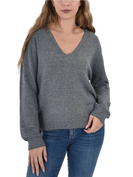 MAGLIA CON SCOLLO A V CON MICRO PAILETTES DONNA GRIGIO