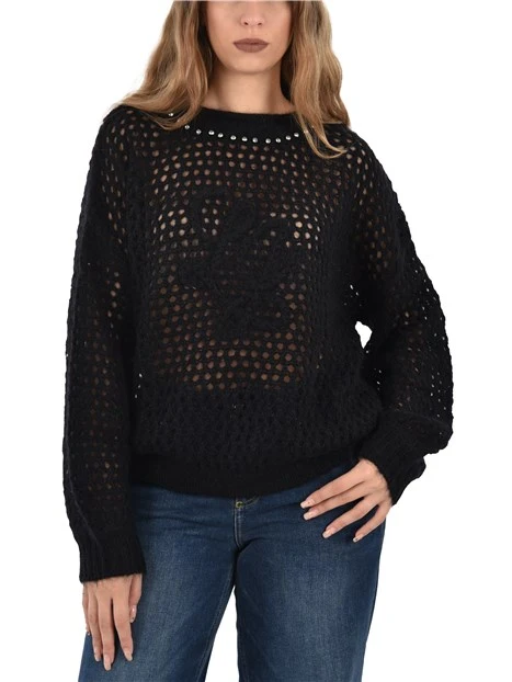 MAGLIA GIROCOLLO TRAFORATA CON STRASS DONNA NERO