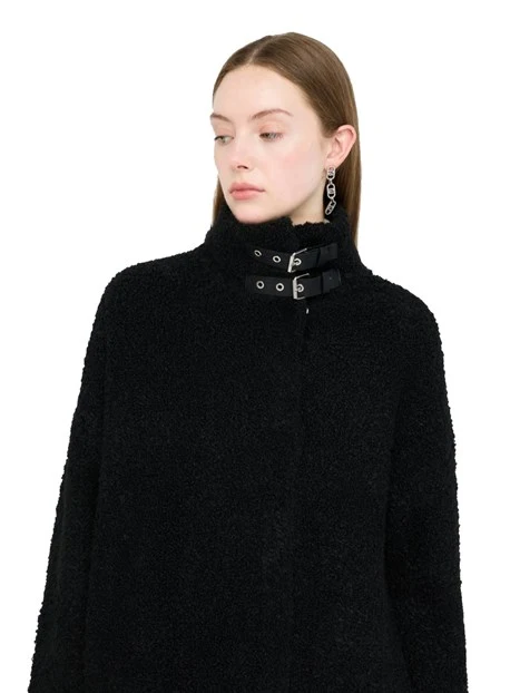 CAPPOTTO CORTO CON COLLETTO CON FIBIE REGOLABILI DONNA NERO