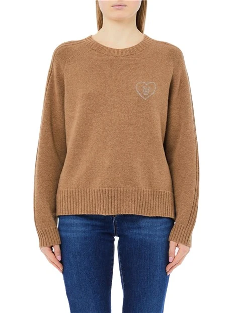 MAGLIA GIROCOLLO A COSTINE CON APPLICAZIONI GIOIELLO DONNA BEIGE