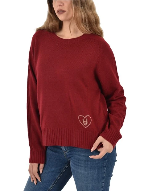 MAGLIA GIROCOLLO A COSTINE CON APPLICAZIONI GIOIELLO DONNA ROSSO