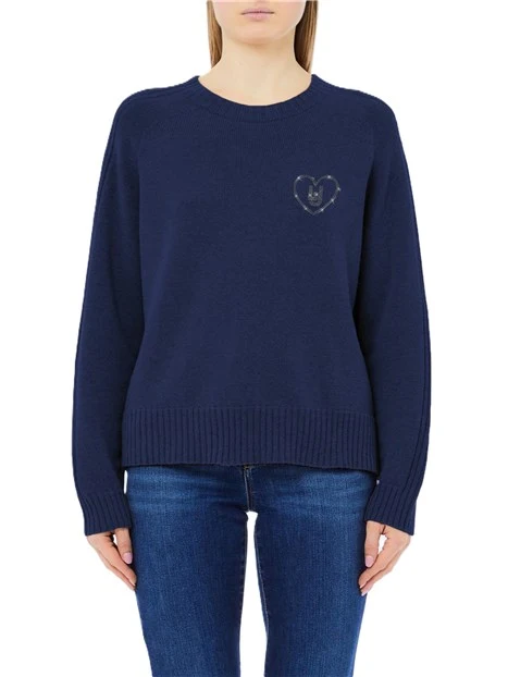 MAGLIA GIROCOLLO A COSTINE CON APPLICAZIONI GIOIELLO DONNA BLU