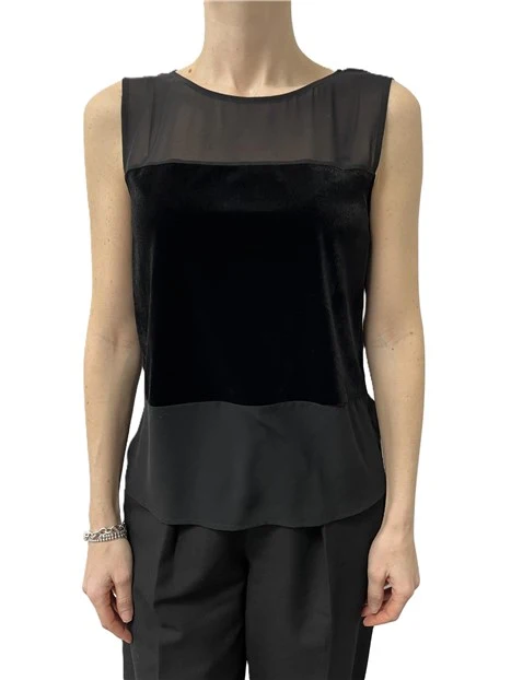 TOP SMANICATO CON TRASPARENZA ED INSERTO IN VELLUTO DONNA NERO
