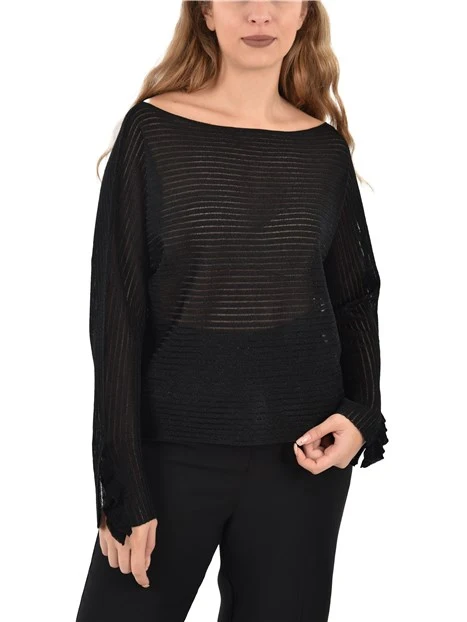 MAGLIA CON SCOLLA A BARCA E VOULANT SUI POLSI DONNA NERO