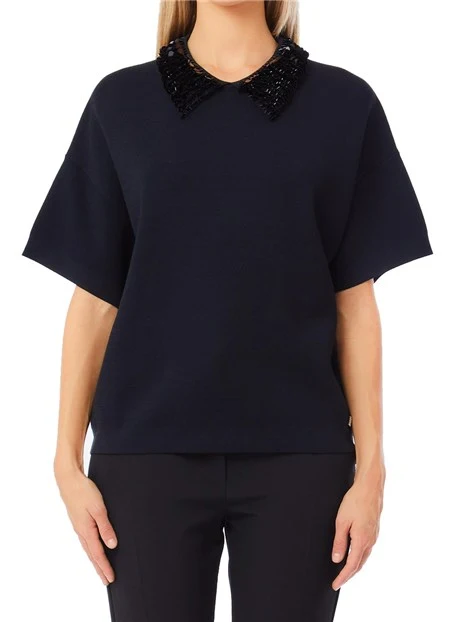 MAGLIA GIROCOLLO CON PAILLETTES APPLICATE SUL COLLO DONNA NERO