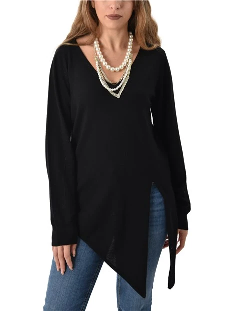 MAGLIA CON SCOLLO A V E FIOCCO LATERALE DONNA NERO