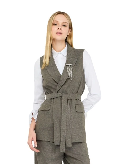 GILET CON MOTIVO CHEVRON E CINTURA DONNA BEIGE