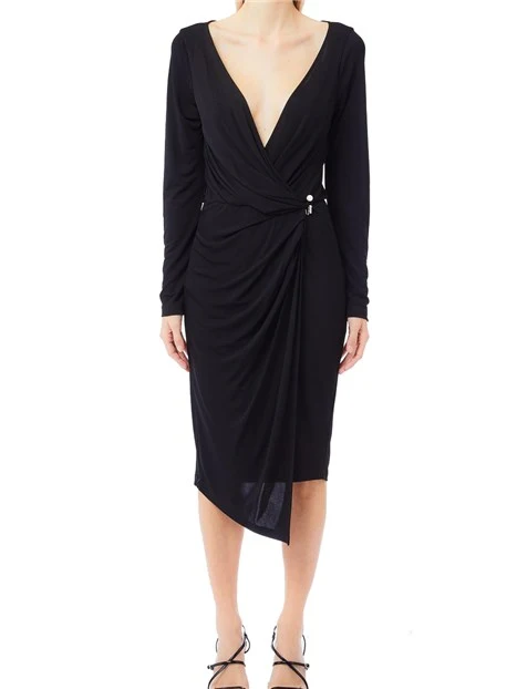 VESTITO LUNGO CON SCOLLO A V CON PERLA APPLICATA DONNA NERO