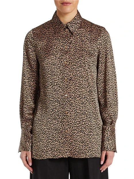CAMICIA IN RASO FLUIDO STAMPA MACULATA DONNA MARRONE