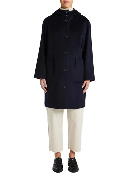 CAPPOTTO LUNGO IN LANA CON CAPPUCCIO DONNA BLU