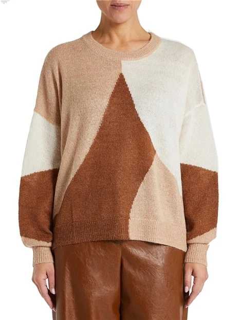 MAGLIA GIROCOLLO CON STAMPA GEOMETRICA DONNA MARRONE