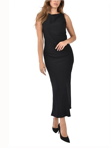 VESTITO LUNGO SMANICATO CON SPACCO LATERALE E CERNIERA POSTERIORE DONNA NERO